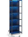 Regal z oswietleniem LED i 6 poziomami, metalowa konstrukcja z regulowanymi polkami, mebel do salonu, biura lub sypialni