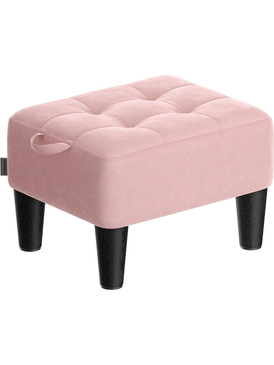 Aksamitny podnozek z miekkim siedziskiem, elegancka pufa do salonu, sypialni lub przedpokoju, pastelowy roz z czernia