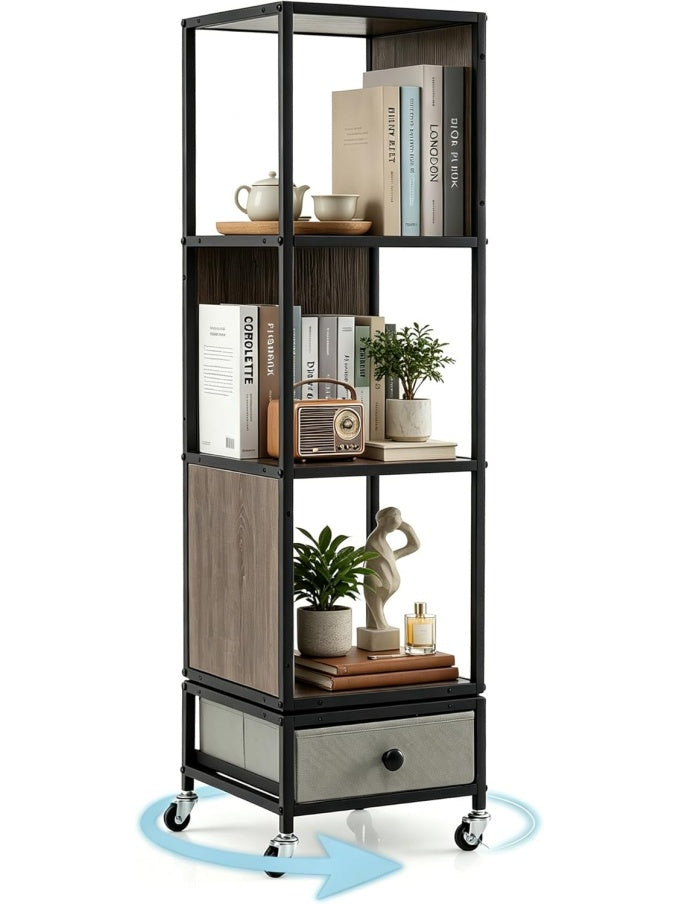 Obrotowy regal 360 z 4 poziomami, mobilny organizer z materialowa szuflada i metalowa rama, 30 30 111 cm, szary